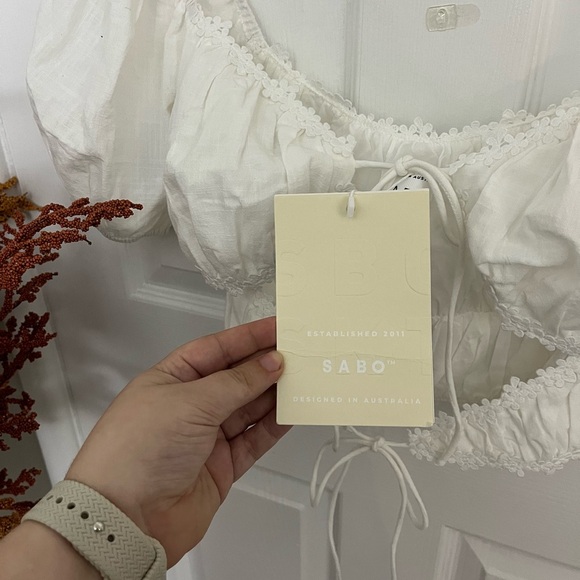 SABO White Puff Sleeve Lace Trim Crop Top NWT - Picture 7 of 10